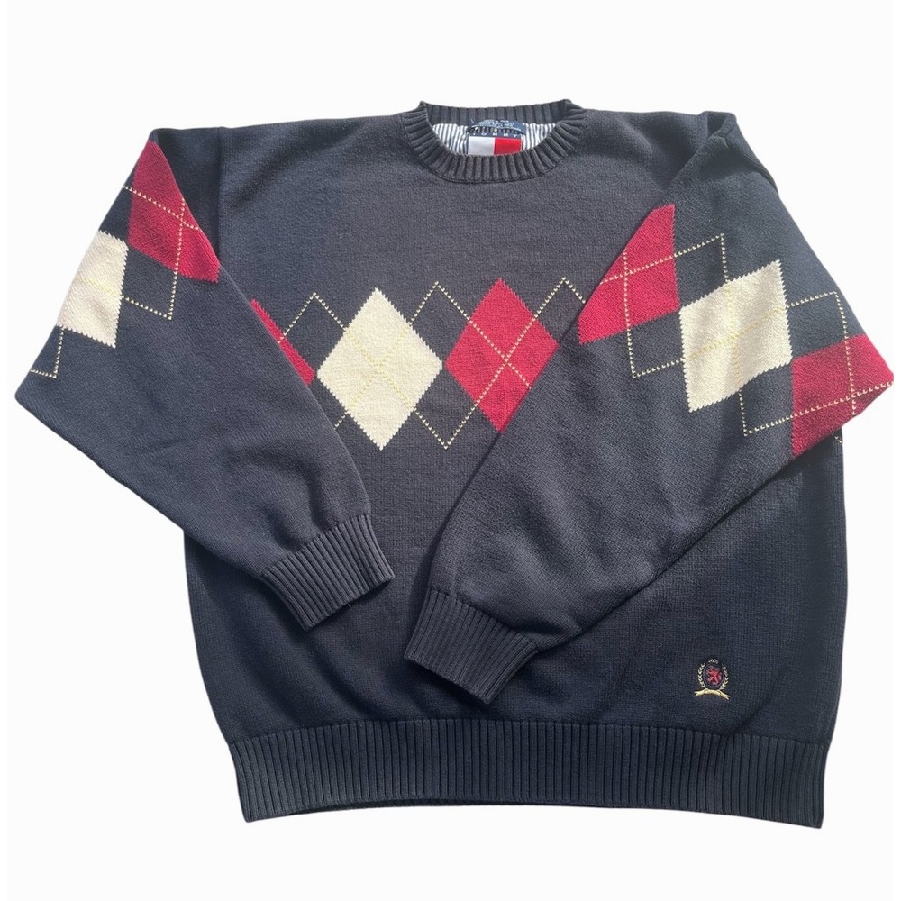Vtg Tommy Hilfiger Argyle Sweater Mens sz XL Navy 100% Cotton Crest 90's Preppy